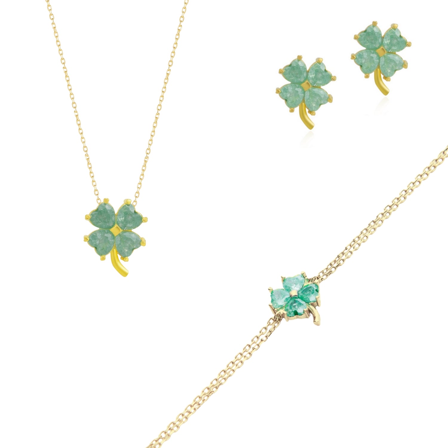 Best of Luck Four Leaves Clover Sterling Silver Bracelet Necklace and Stud Earrings Set