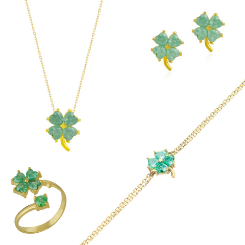 Best of Luck Four Leaves Clover Sterling Silver Bracelet Necklace Ring and Stud Earrings Full Set