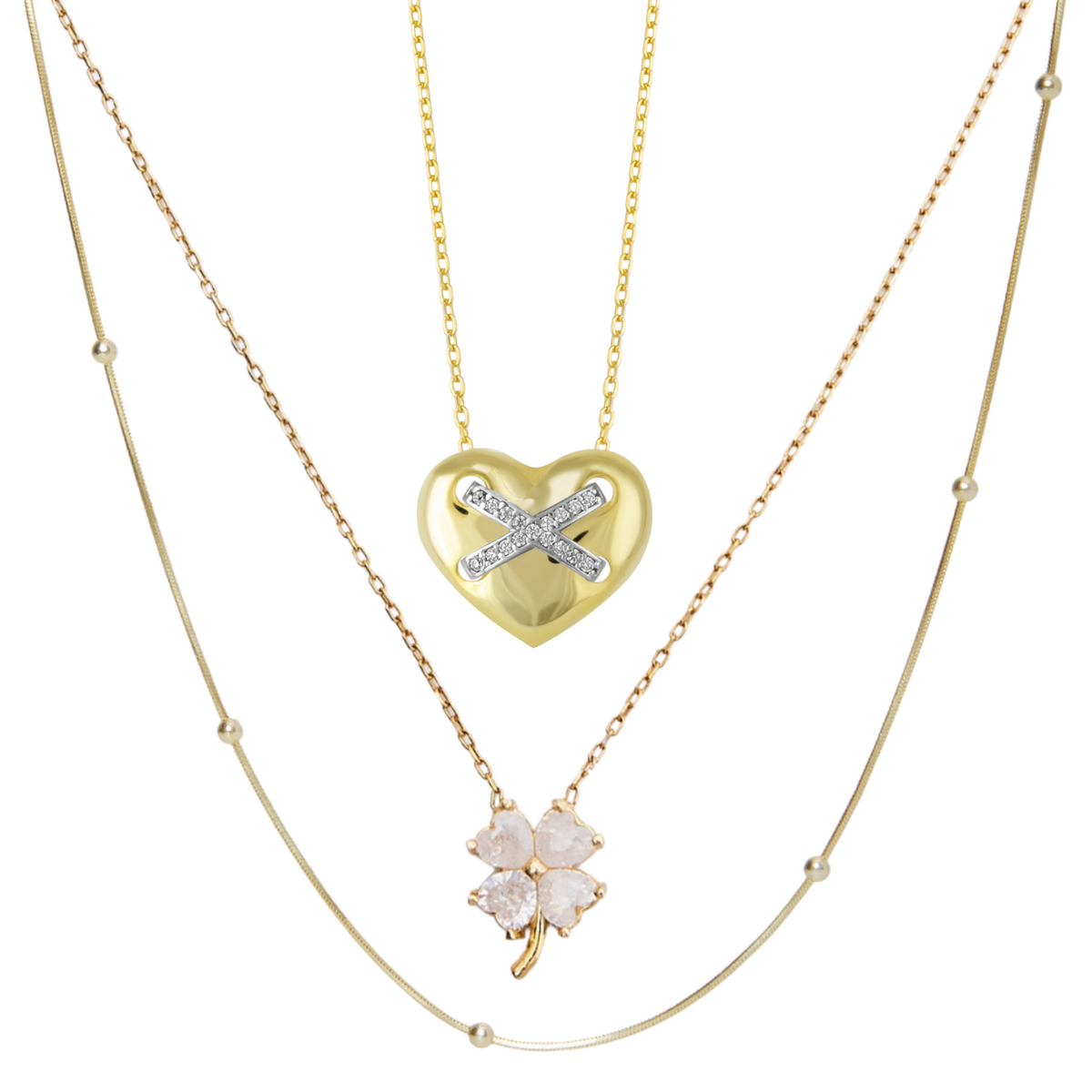 Heart X Italian Beaded White Clover Sterling Silver Stacking Necklace Set