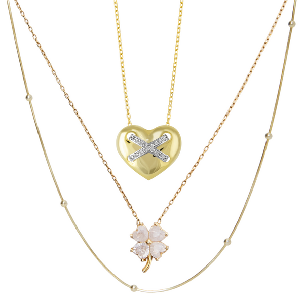 Heart X Italian Beaded Clover Sterling Silver Stacking Necklace Set