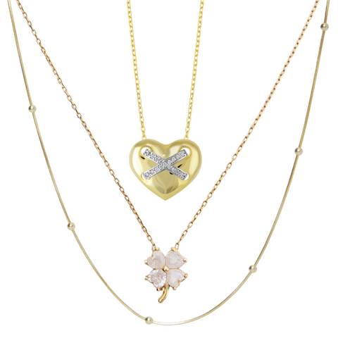Heart X Italian Beaded White Clover Sterling Silver Stacking Necklace Set