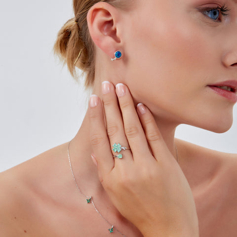 Best of Luck Four Leaves Clover Sterling Silver Bracelet Necklace Ring and Stud Earrings Full Set