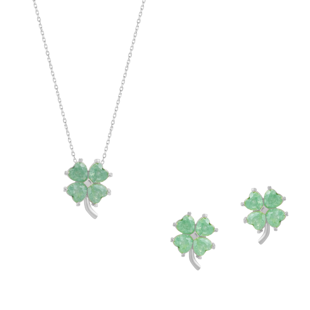 Four Leaves Clover Sterling Silver Earring and Necklace Set in Green