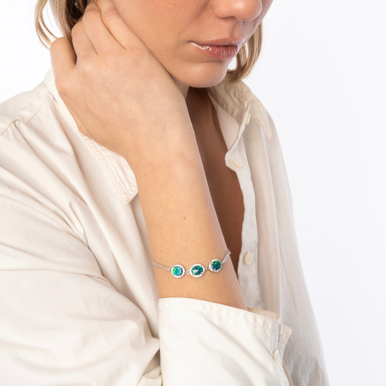 Sterling Silver Blue - Green Opal Halo Bracelet
