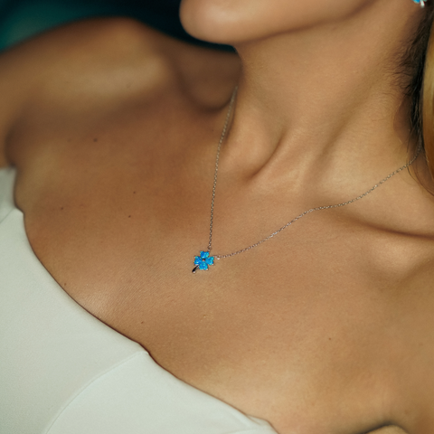 Blue Opal Four Leaf Clover Sterling Silver Necklace & Earring Set