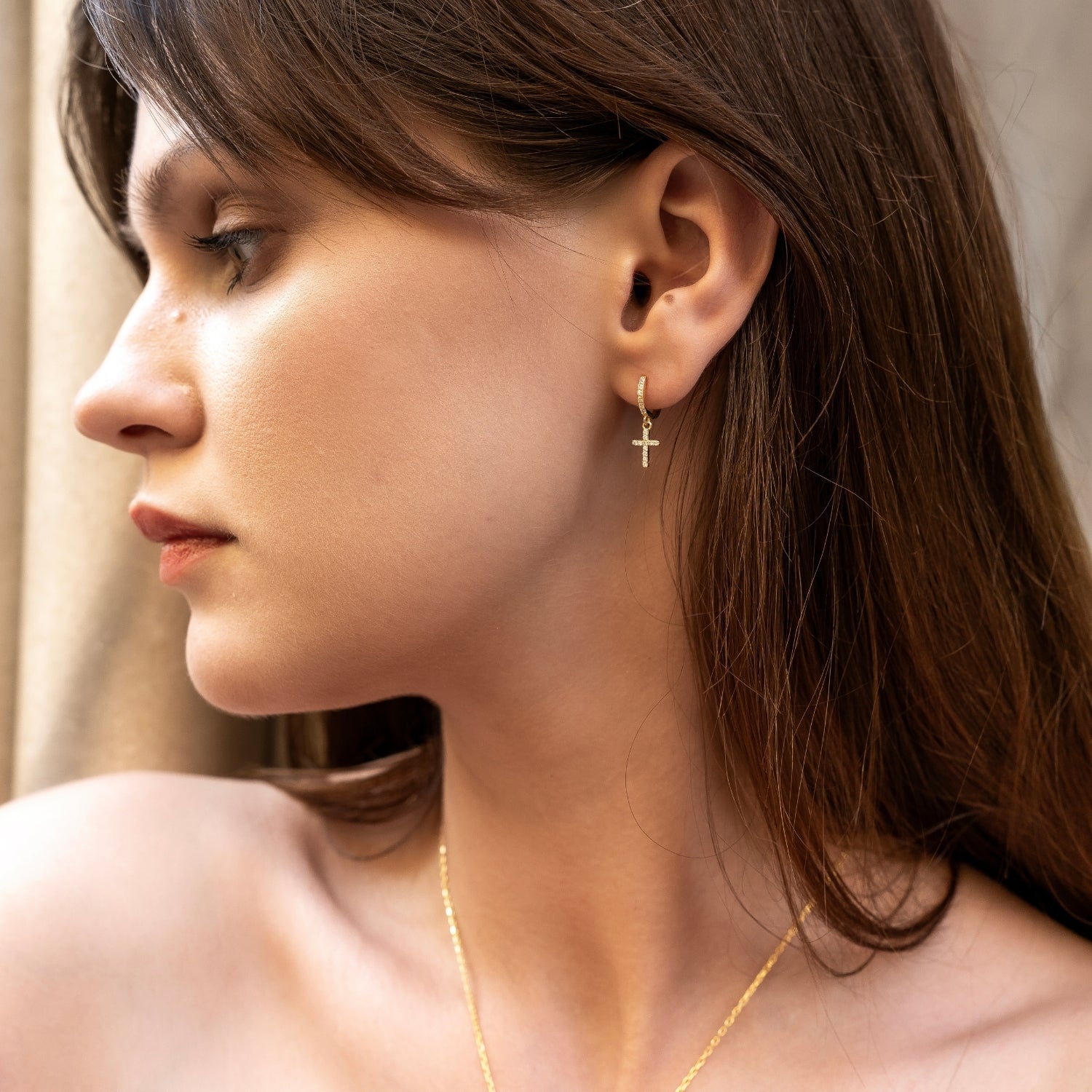 Sterling Silver Huggie Pave Cross Drop Earring