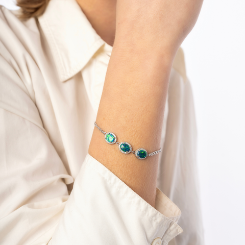 Sterling Silver Blue - Green Opal Halo Bracelet