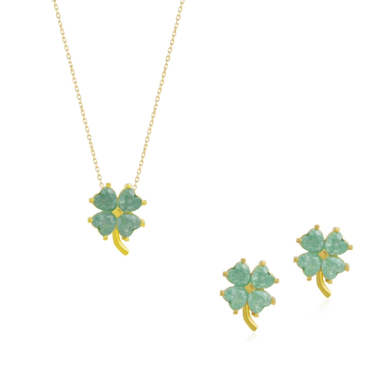 Four Leaves Clover Sterling Silver Earring and Necklace Set in Green