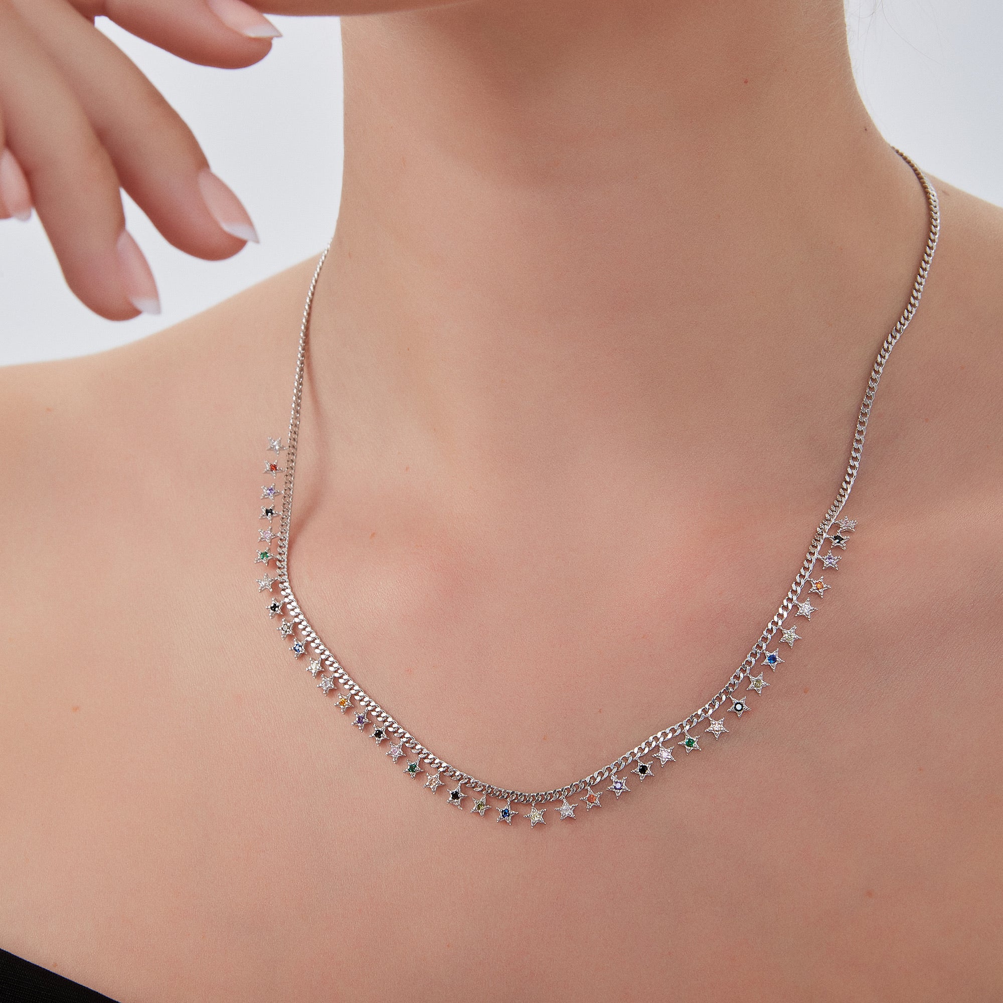 Rainbow Multiple Star Station Necklace Sterling Silver