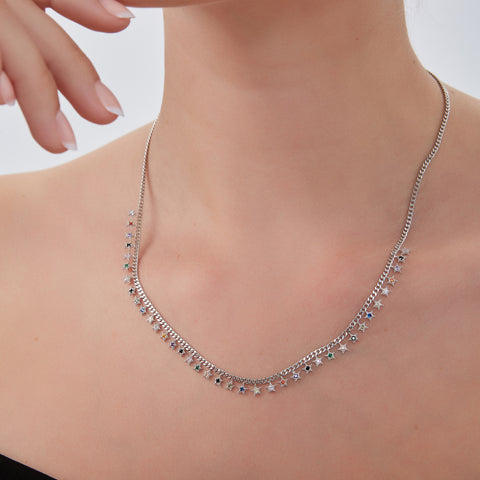 Rainbow Multiple Star Station Necklace Sterling Silver