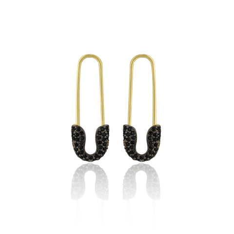 Black Pave Safety Pin Earrings Jewelled Sterling Silver