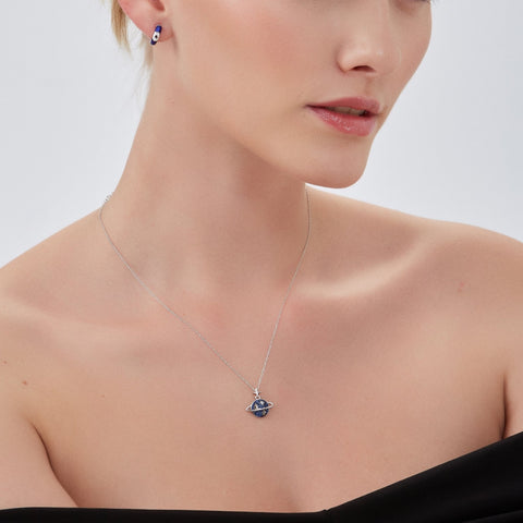 Blue Jewelled Saturn Necklace Sterling Silver