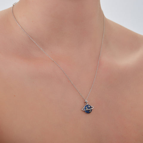 Blue Jewelled Saturn Necklace Sterling Silver