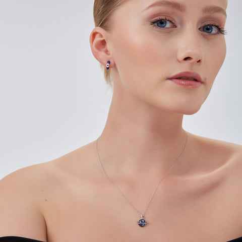 Blue Jewelled Saturn Necklace Sterling Silver