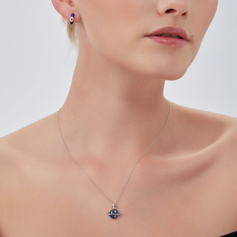 Blue Jewelled Saturn Necklace Sterling Silver