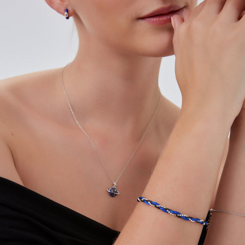 Navy Blue Braided Rope Sterling Silver Beaded Chain Bracelet