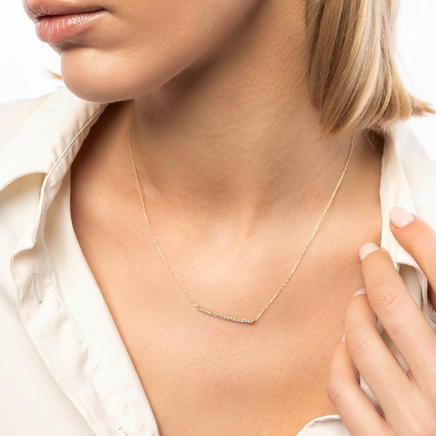 Fine Diamond Curved Bar Necklace 14ct Solid Gold