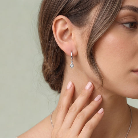 Sterling Silver Rhombus Pave Spike Drop Earrings