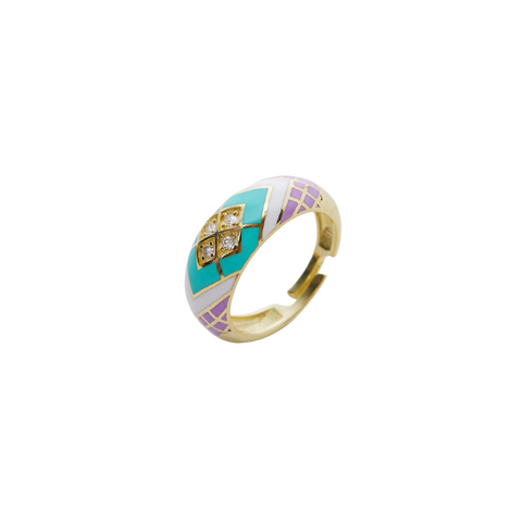 Enamel Turquoise Five Color Diamond Sterling Silver Dome Ring