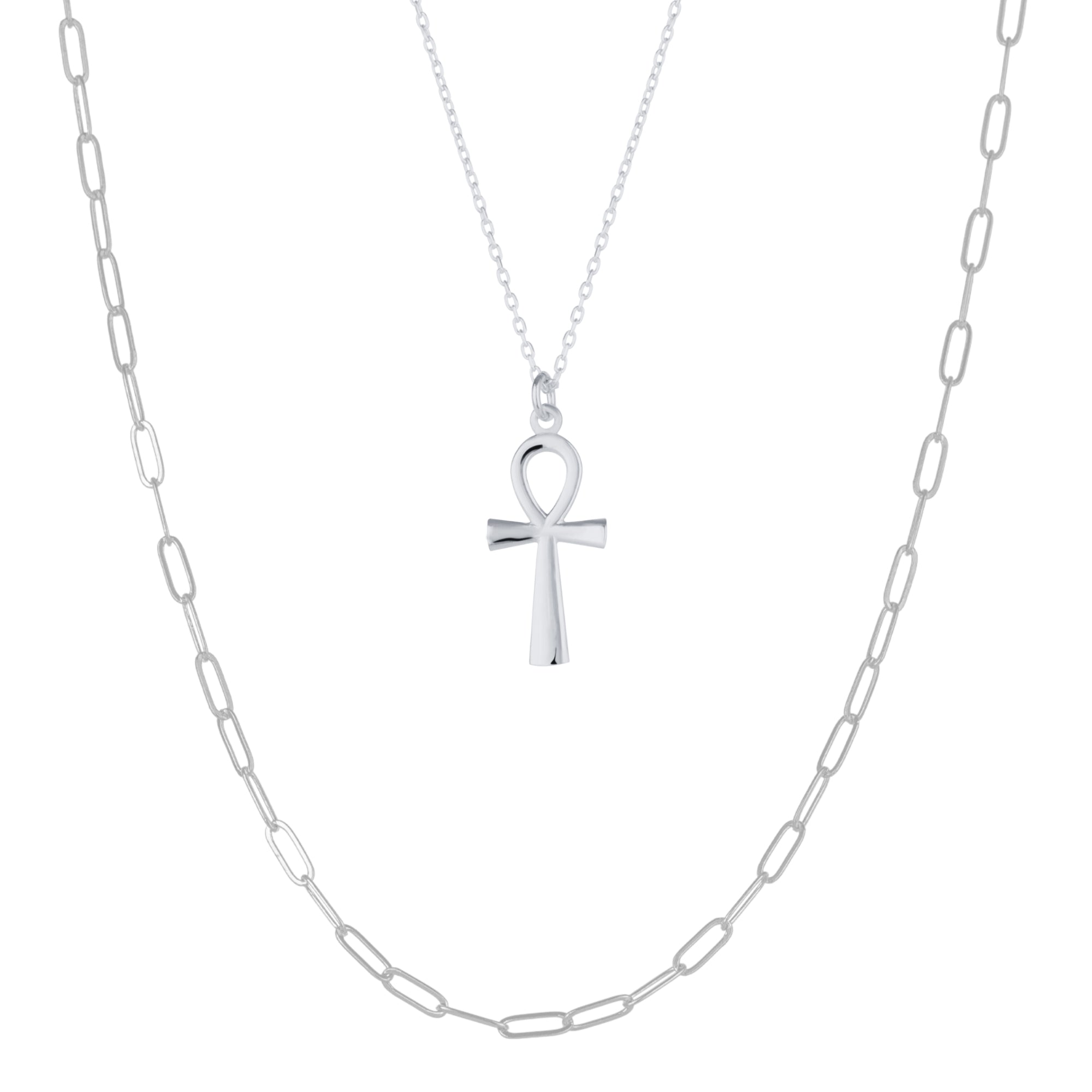 Sterling Silver Egyptian Ankh and Large Rectangular Chain Stacking Necklace Set