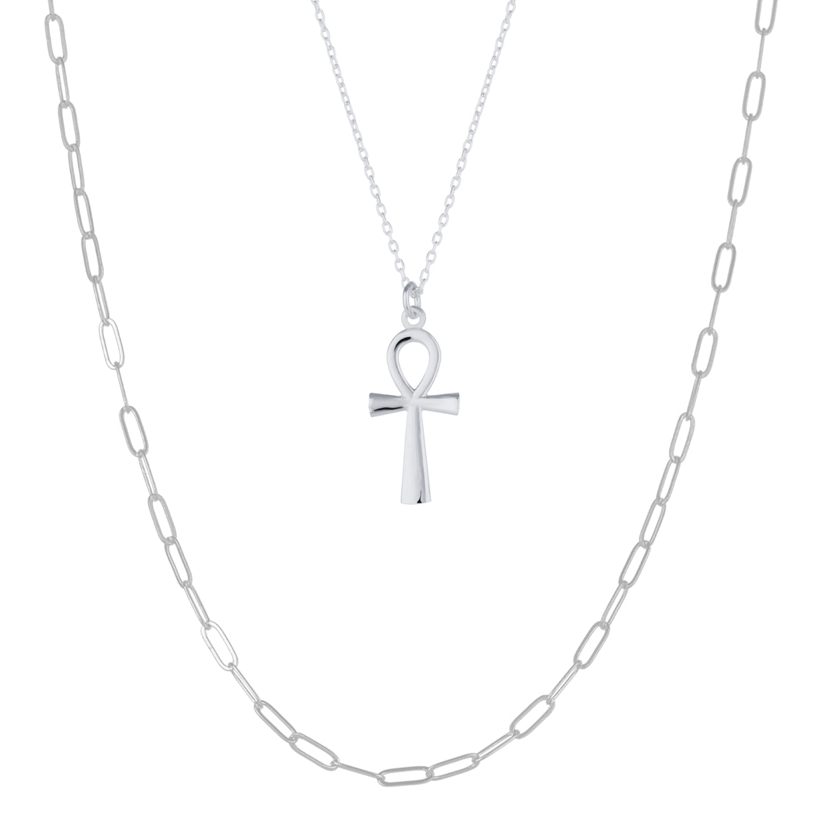 Sterling Silver Egyptian Ankh and Large Rectangular Chain Stacking Necklace Set