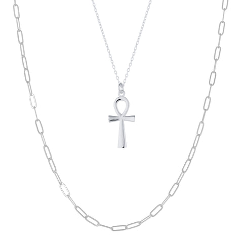 Sterling Silver Egyptian Ankh and Large Rectangular Chain Stacking Necklace Set