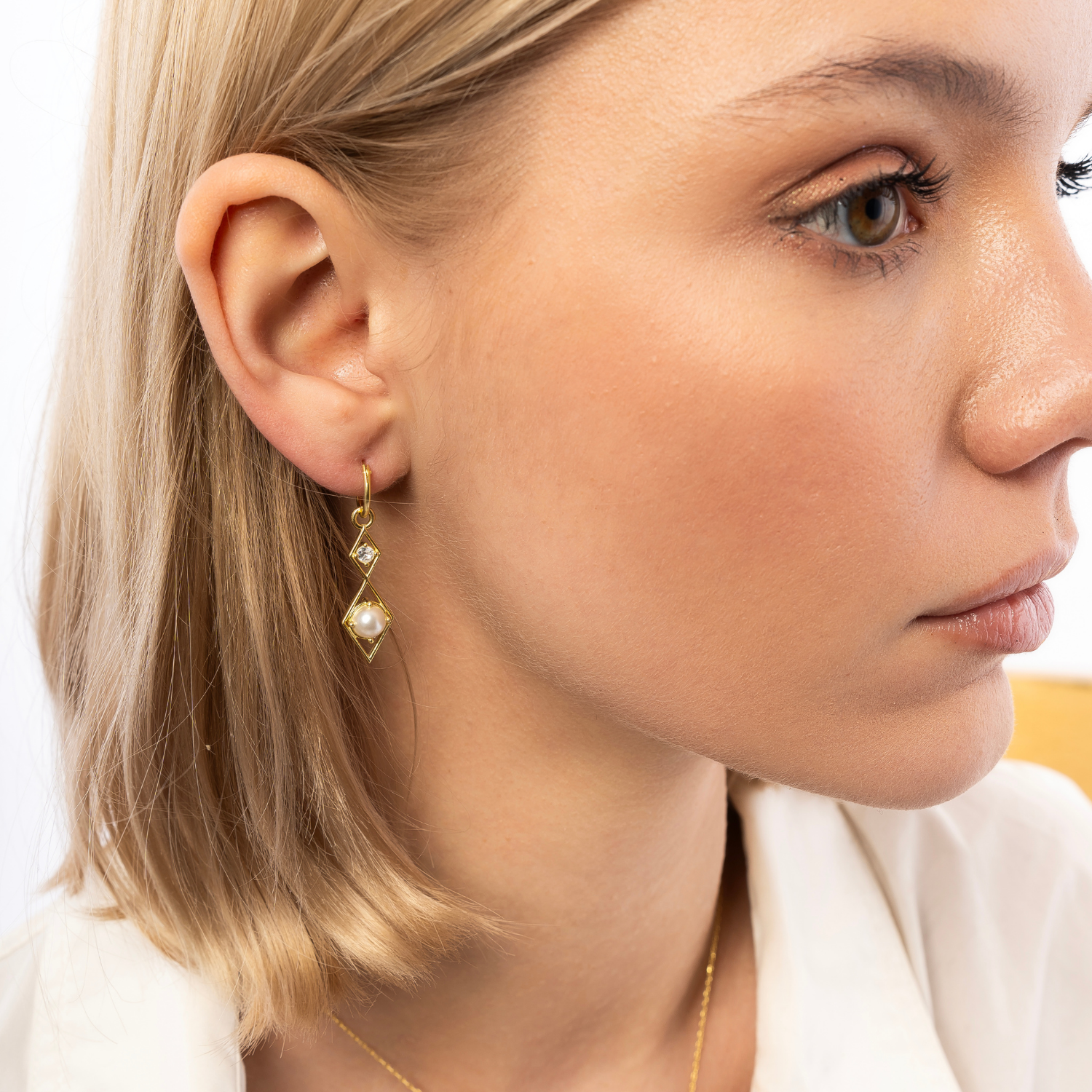 Sterling Silver Rhombus 3D Pearl Earrings