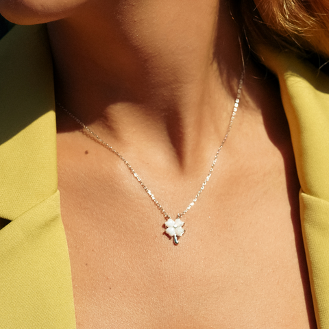 White Opal Four Leaf Clover Sterling Silver Necklace & Earring Set