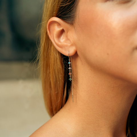 Multicolour Star Drop Sterling Silver Chain Threader Earrings - Pair