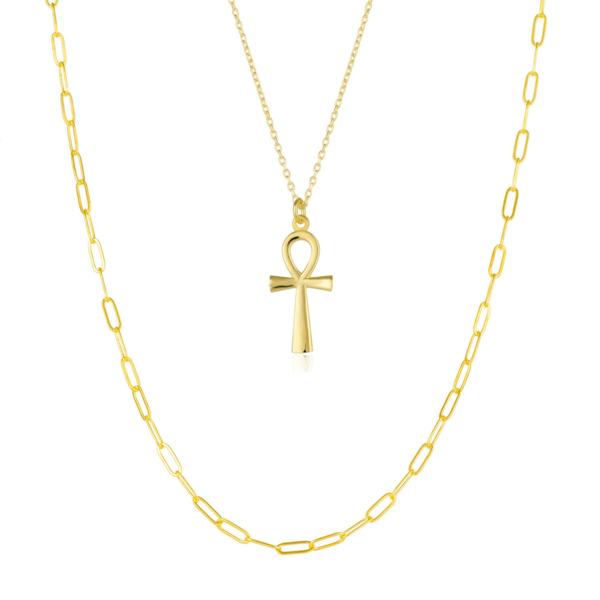 Sterling Silver Egyptian Ankh and Large Rectangular Chain Stacking Necklace Set