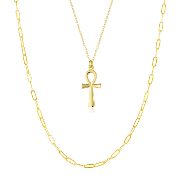 Sterling Egyptian Ankh Large Rectangular Chain Stacking Necklace Set