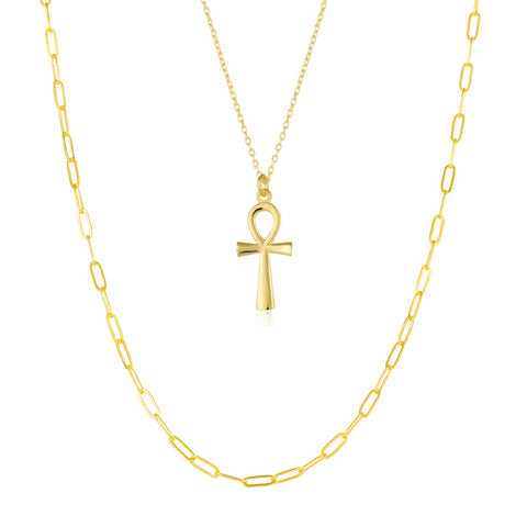 Sterling Silver Egyptian Ankh and Large Rectangular Chain Stacking Necklace Set