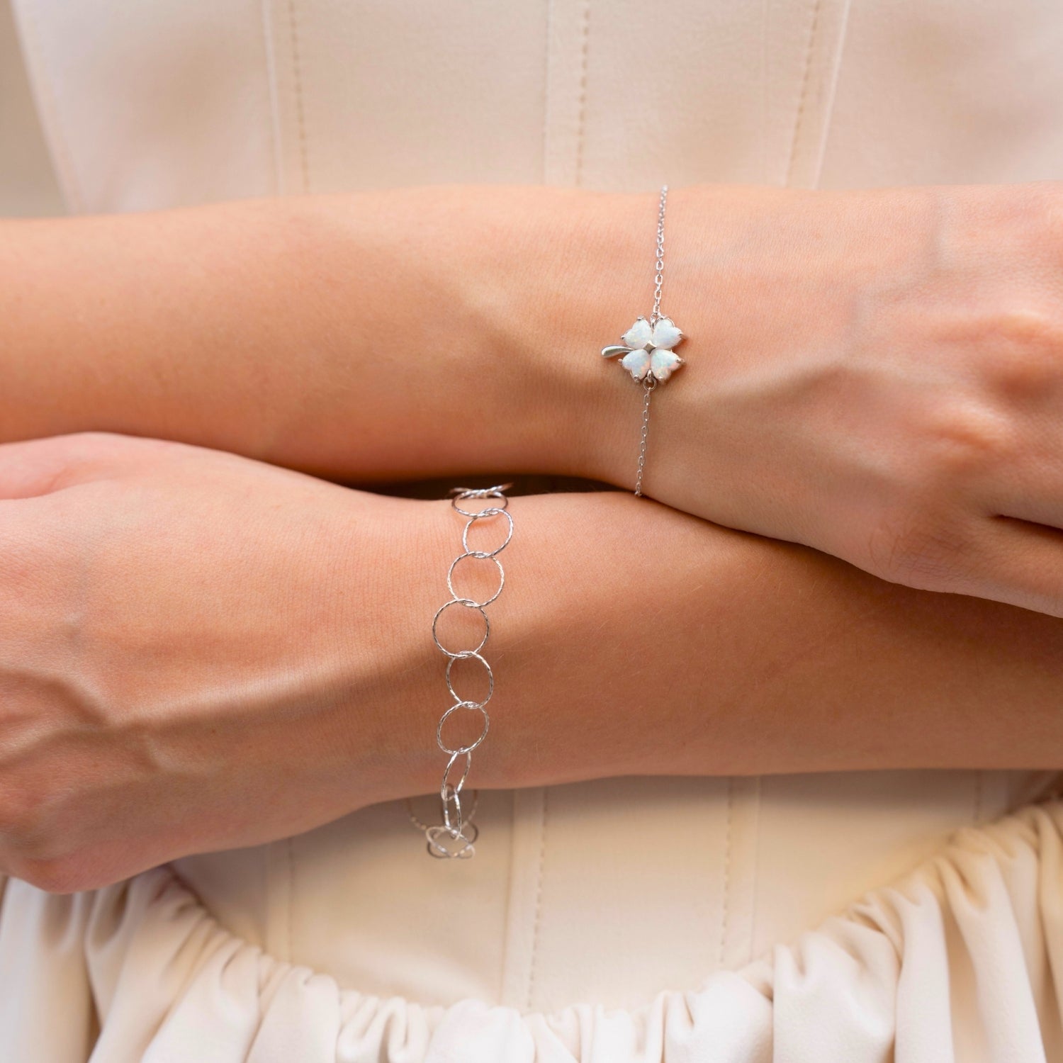 Textured Circle Hoops Sterling Silver Chain Bracelet