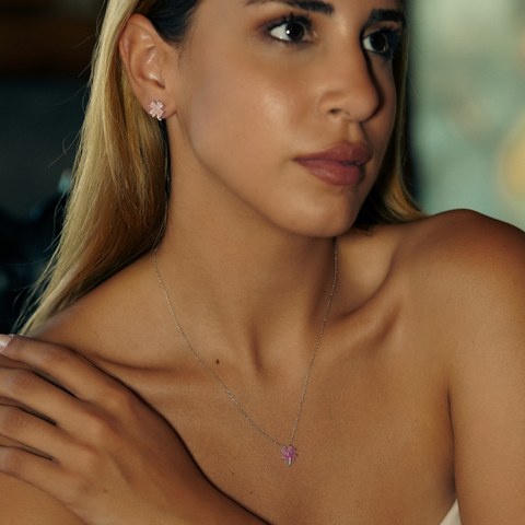 Four Leaf Clover Sterling Silver Necklace - Pink
