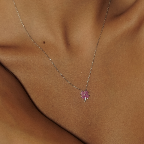 Four Leaf Clover Sterling Silver Necklace - Pink