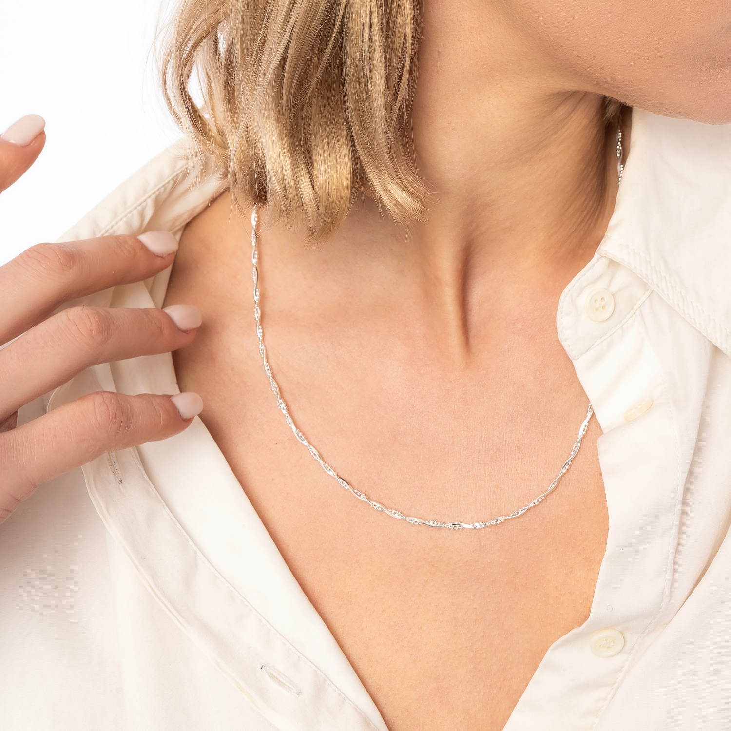 Twisted Beaded Sterling Silver Italian Chain Necklace