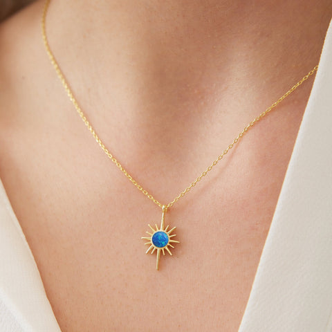 Blue Opal Northernstar Drop Hoop Earrings & Necklace Set in Sterling Silver