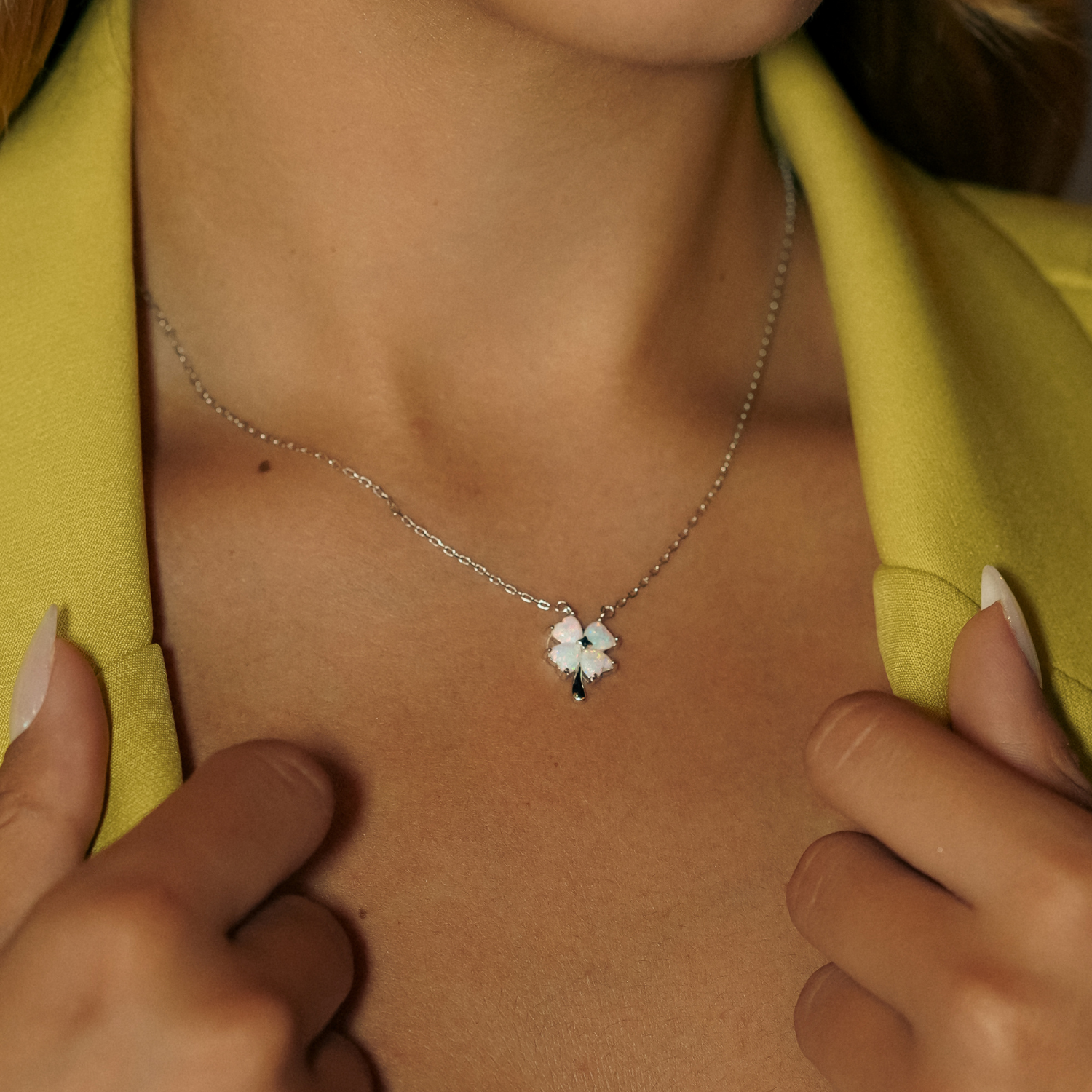 White Opal Four Leaf Clover Sterling Silver Necklace & Earring Set