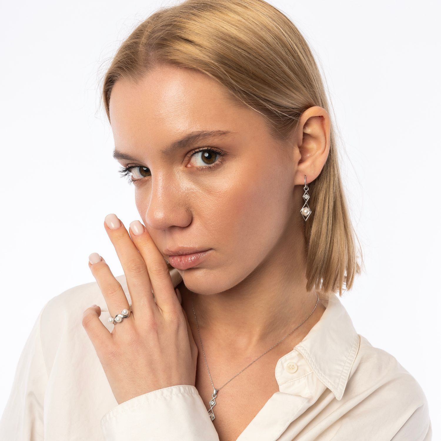 Sterling Silver Rhombus 3D Pearl Earrings