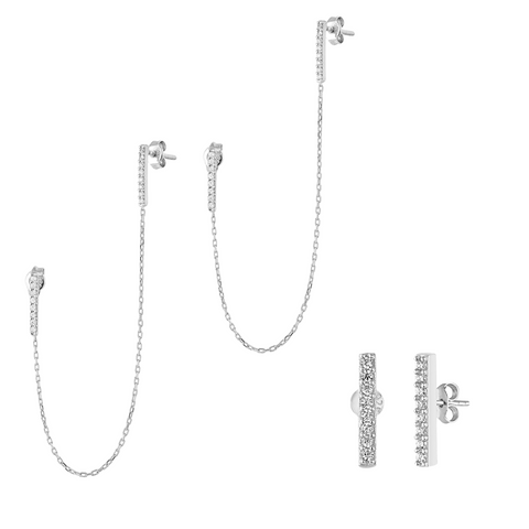 Chained Bar Chain and Bar Earring Set in Sterling Silver - Pair
