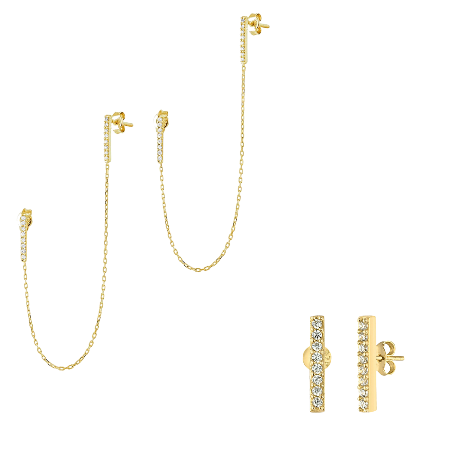 Chained Bar Chain and Bar Earring Set in Sterling Silver - Pair