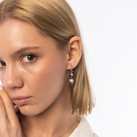 Sterling Silver Rhombus 3D Pearl Earrings