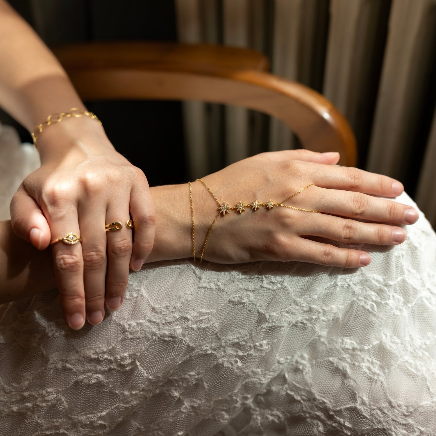 Stars Of Universe Sterling Silver Gold Plated Hand Chain Ring