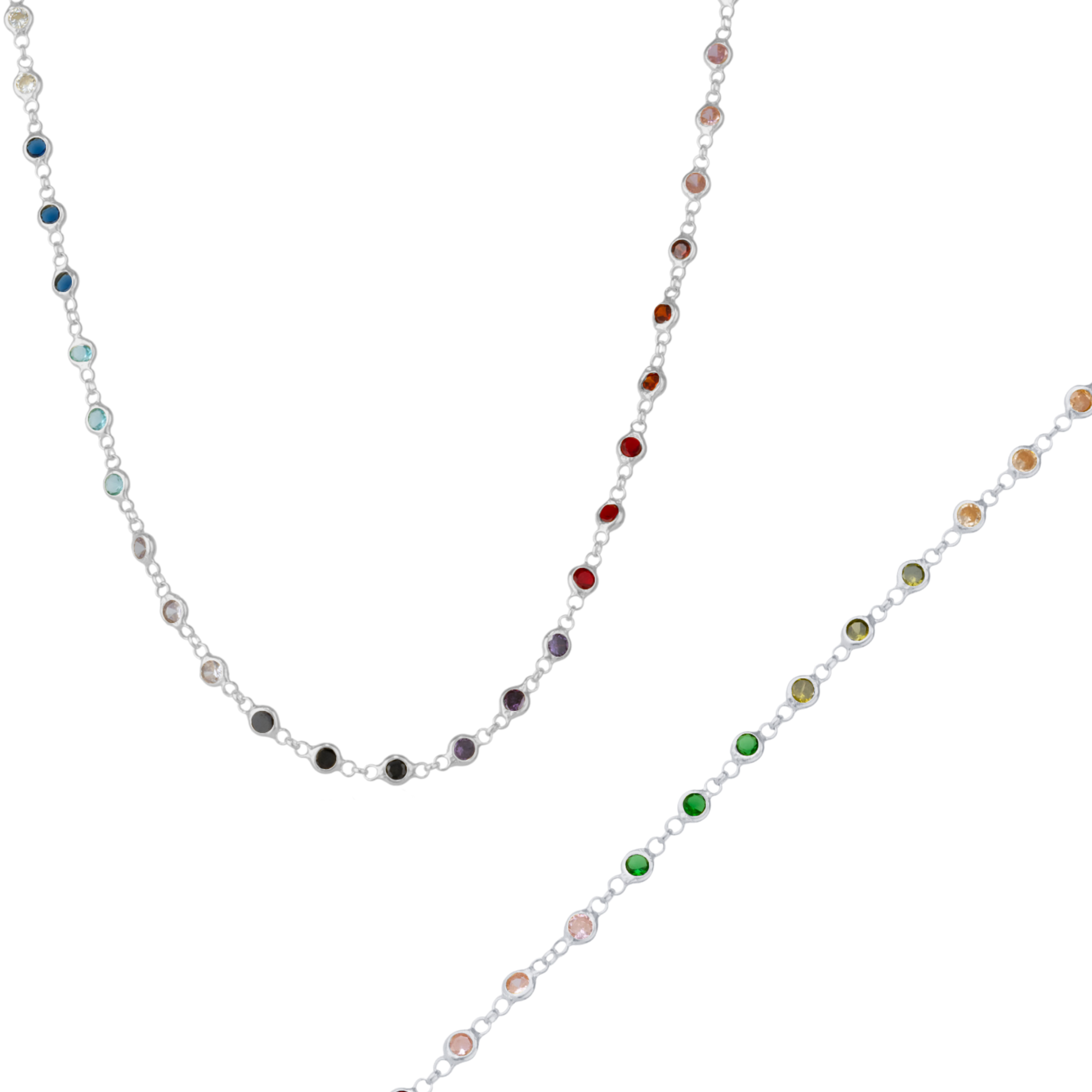 Colourful Rainbow Jewelled Sterling Silver Chain Necklace and Bracelet Set