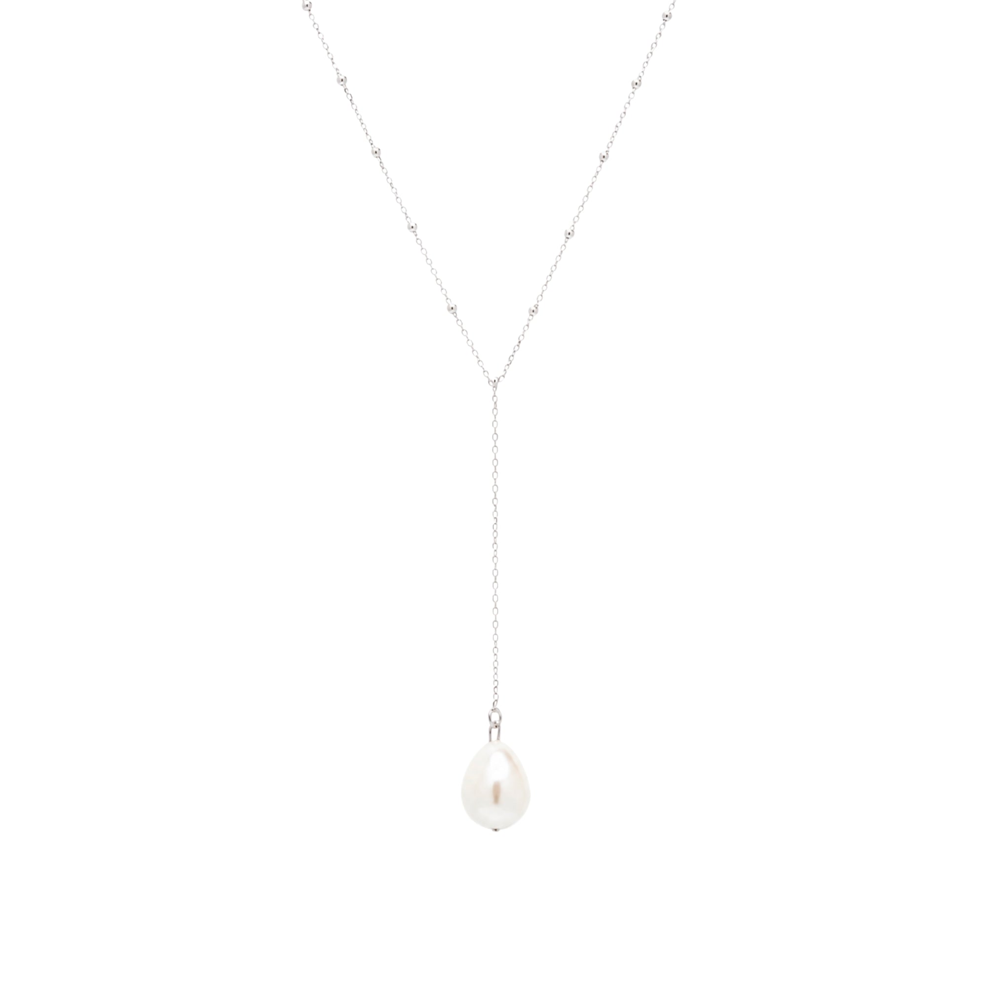 Sterling Silver Large Baroque Pearl Drop Beaded Chain Lariat Necklace
