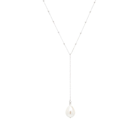 Sterling Silver Large Baroque Pearl Drop Beaded Chain Lariat Necklace