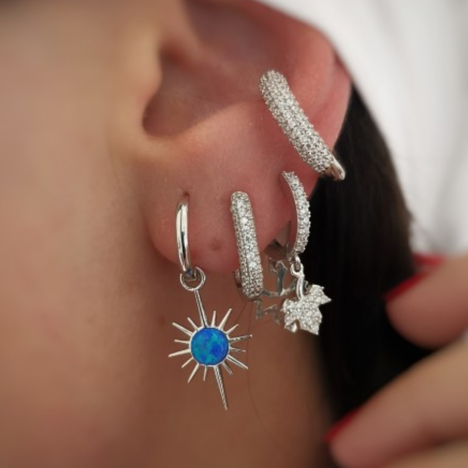 Blue Opal Northernstar Drop Hoop Earrings & Necklace Set in Sterling Silver