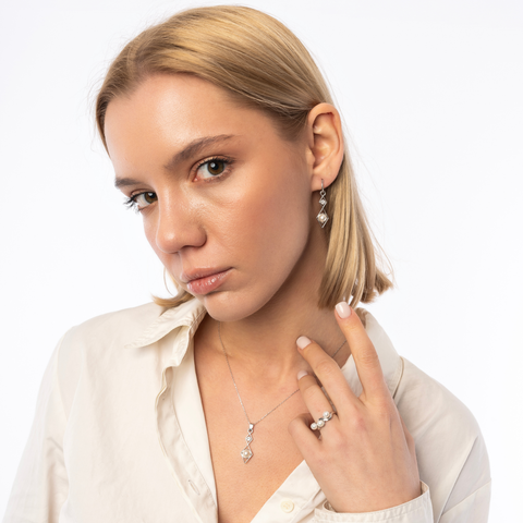 Sterling Silver Rhombus 3D Pearl Earrings