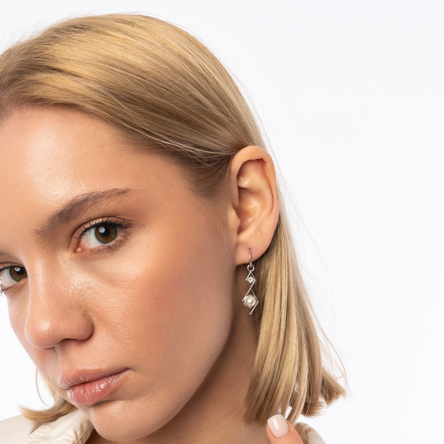 Sterling Silver Rhombus 3D Pearl Earrings