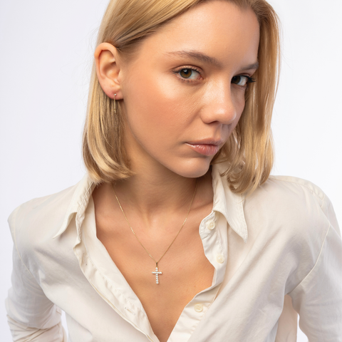 9ct Solid Gold Jewelled Cross Pendant Necklace